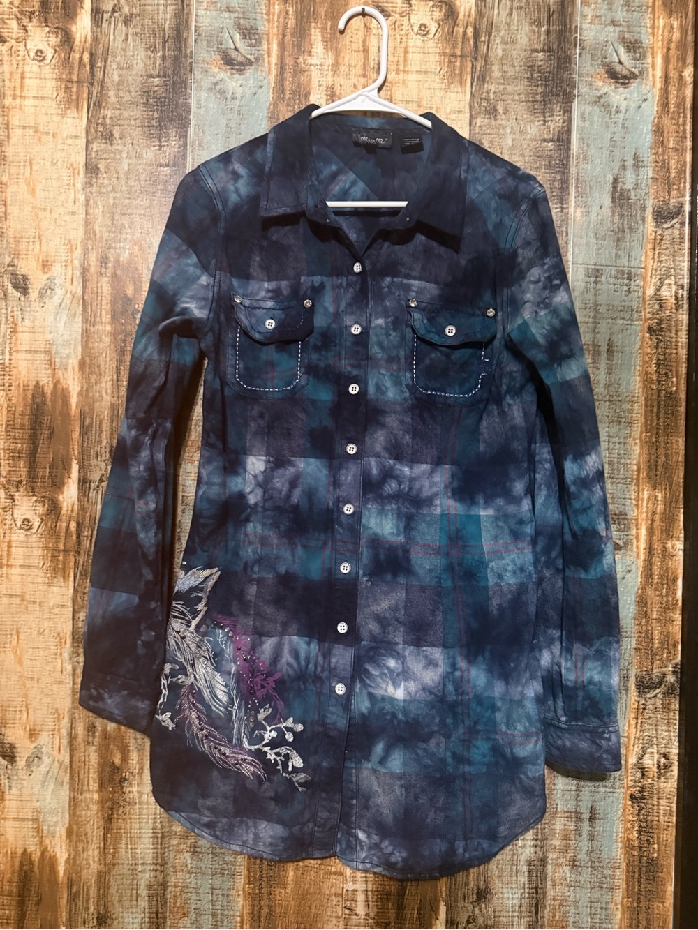 Miss Me Blue Plaid Button-Up Shirt with Red Stripe Accents